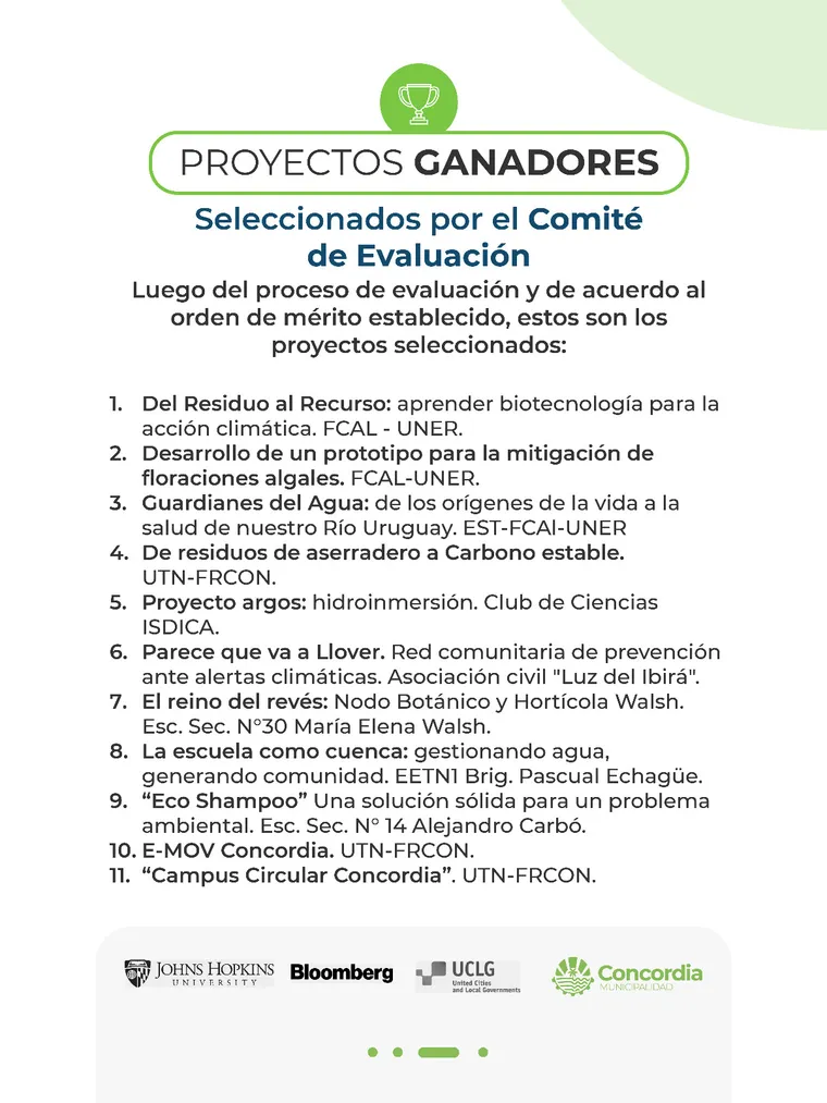 Placa con los once proyectos ganadores seleccionados por el Comité de Evaluación según el orden de mérito establecido, con el nombre de cada proyecto y la institución que lo presenta.